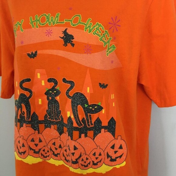 Halloween Top Womens L Orange Black Glitter Black Cat Graphic Fall Pumpkin Shirt - Picture 7 of 11